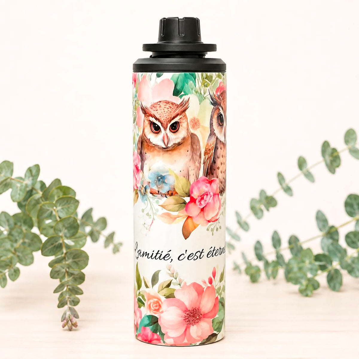 Gourde hibou & fleurs amitié